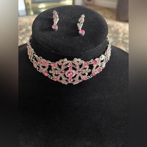 Pink and silver choker necklace set